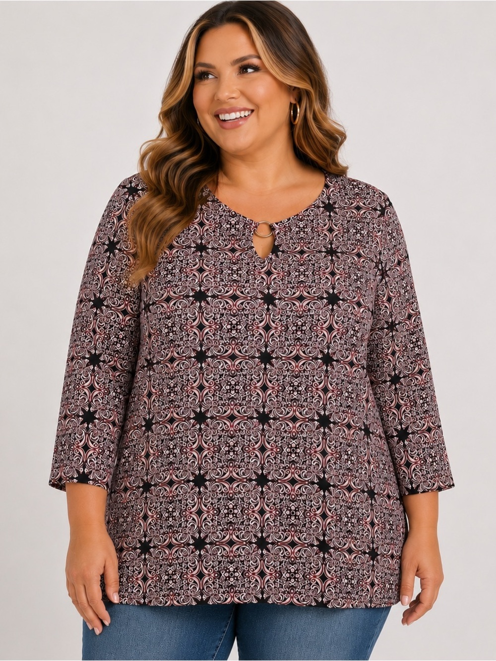 Emaline 2X Top Shirt Pink Black Paisley 3/4 Sleeve Keyhole Round Neck Stretch
